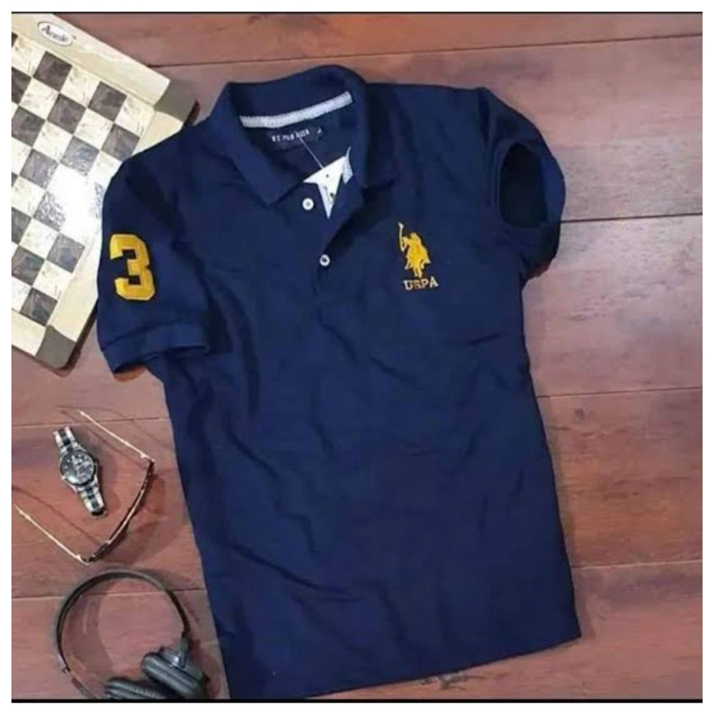Generic Men's Casual Half sleeve Solid Cotton Polo Neck T-shirt (Navy)